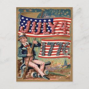 Carte Postale Drapeau américain Feux d'artifice Pétard Oncle Sam