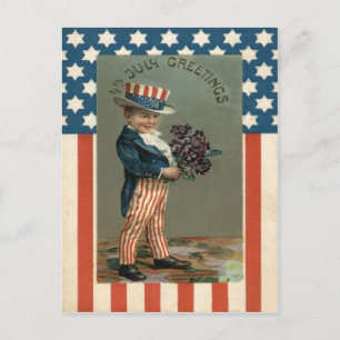 Carte Postale Drapeau américain Oncle Sam Garçon Violettes