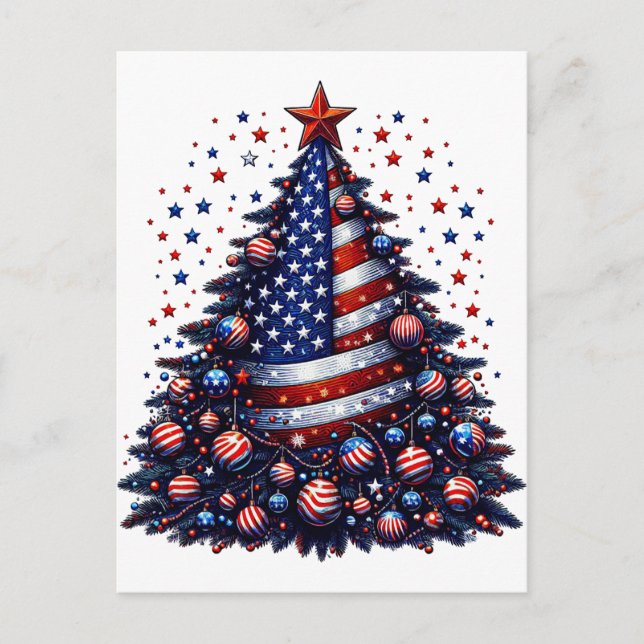 Carte Postale Drapeau américain sapin de Noël Art patriotique (Devant)