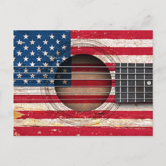 Carte Postale Drapeau américain sur la vieille guitare acoustiqu (Devant)