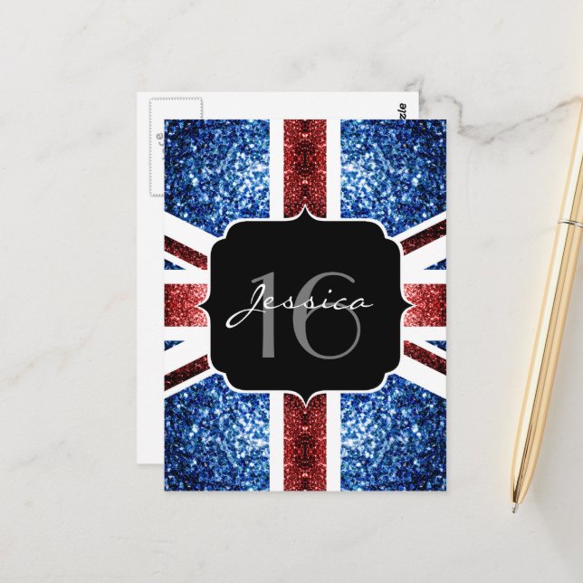 Carte Postale Drapeau britannique rouge bleu paillettes scintill (Devant/Arrière en situation)