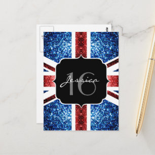 Carte Postale Drapeau britannique rouge bleu scintille paillette