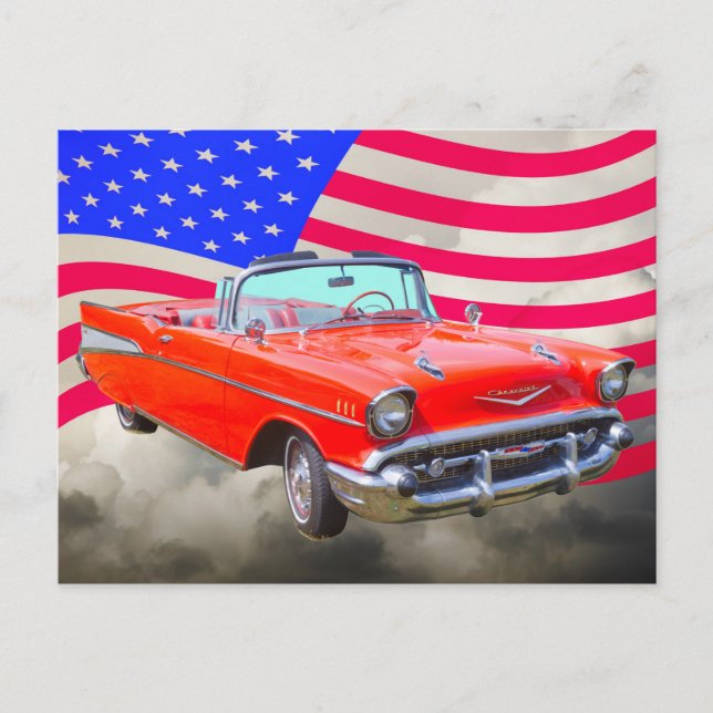 Carte Postale Drapeau Chevrolet Bel Air Et États-Unis 1957 (Devant)