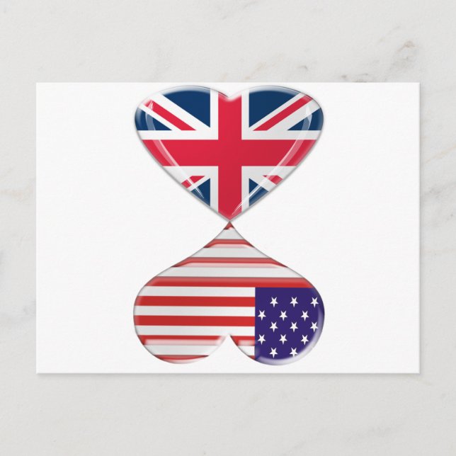 Carte Postale Drapeau de coeur du Royaume-Uni et des États-Unis (Devant)
