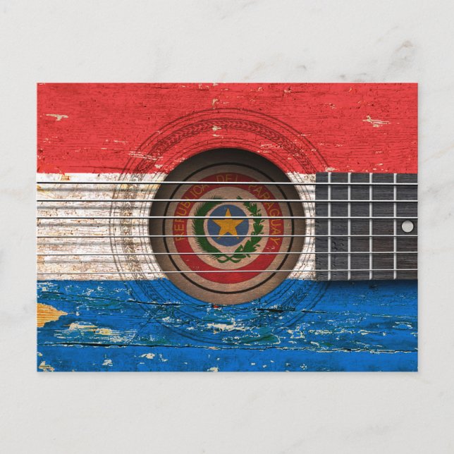 Carte Postale Drapeau du Paraguay sur une vieille guitare acoust (Devant)