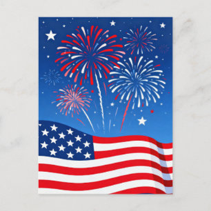 Carte Postale Drapeau et feux d'artifice du quatre juillet