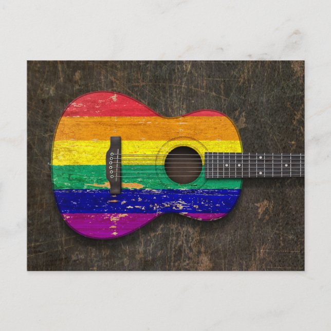 Carte Postale Drapeau Gay pride arc-en-ciel rayé Guitare acousti (Devant)