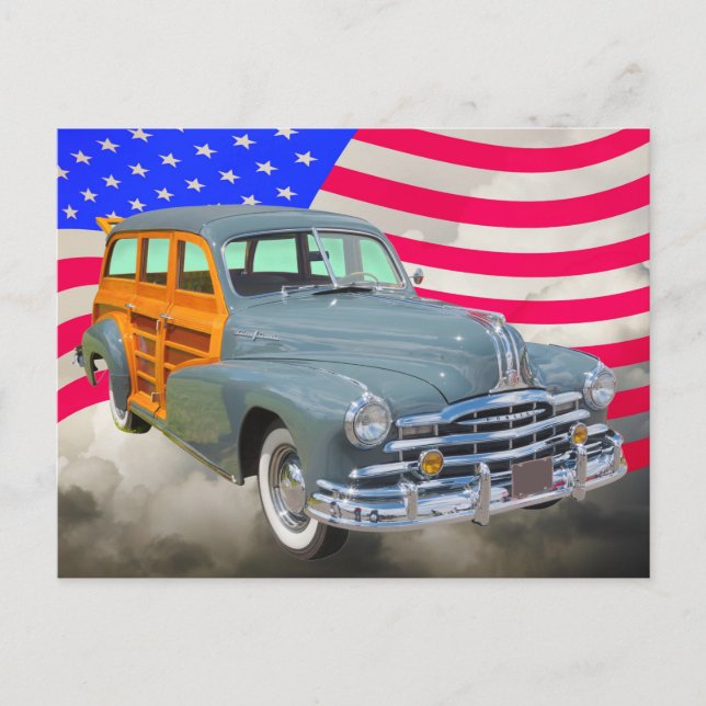 Carte Postale Drapeau Pontiac Silver Streak Woody Et US 1948 (Devant)