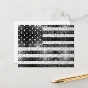 Carte Postale Drapeau USA Rustique Noir Blanc Gris Paillettes 4 