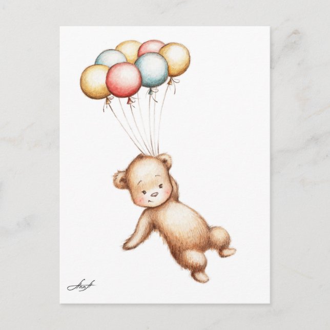 Carte Postale Drawing of Teddy Bear flying (Devant)