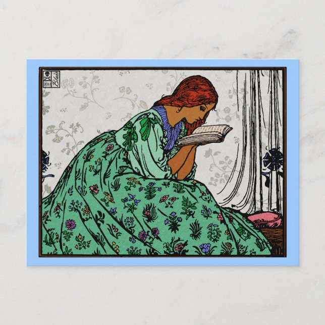 Carte Postale Dress Vert Lecture Femme Illustration classique (Devant)