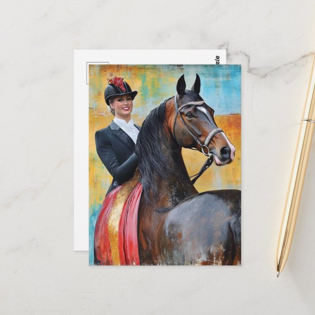 Carte Postale Drôle AI généré cheval et l'erreur de cavalier (Devant/Arrière en situation)
