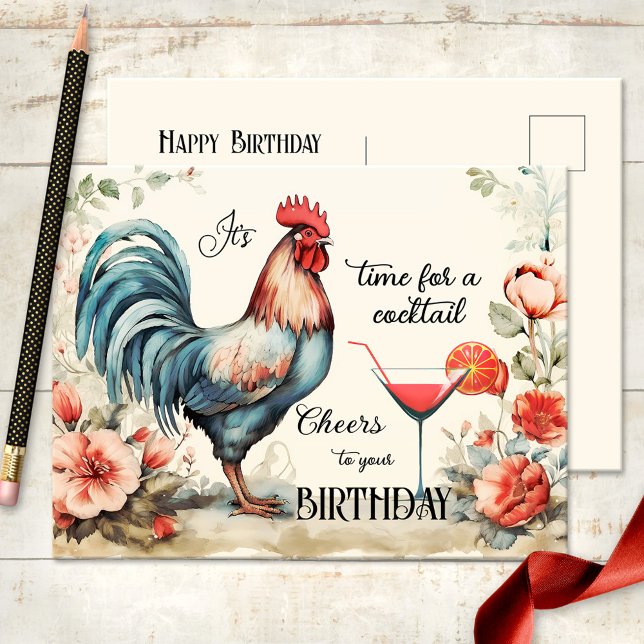 Carte Postale Drôle Aquarelle Cocktail Cocktail Anniversaire (Funny birthday postcard featuring a vintage watercolor rooster with flowers and a cocktail)