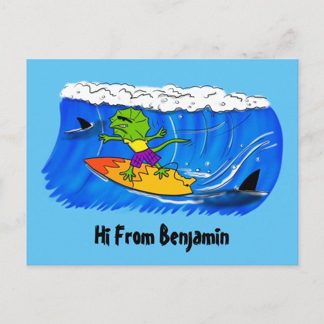 Carte Postale Drôle caricature de surf de lézard au cou (Devant)