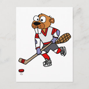 Carte Postale Drôle Castor Jouer Cartoon De Hockey Sur Glace