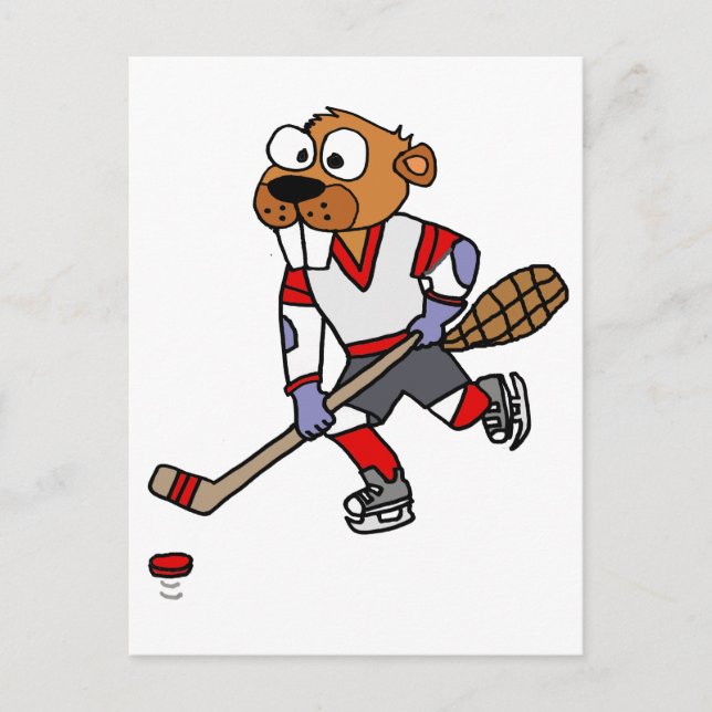 Carte Postale Drôle Castor Jouer Cartoon de hockey sur glace (Devant)