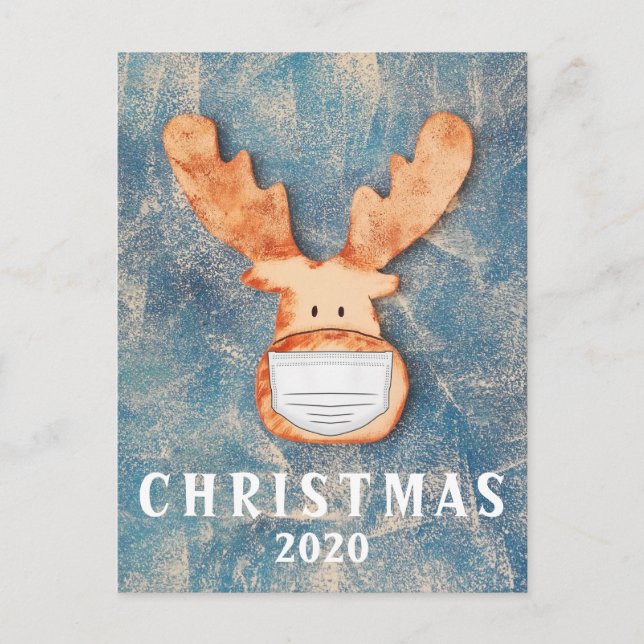 Carte Postale Drôle Cerf avec Masque Visage Noël 2020 (Devant)