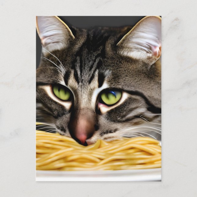 Carte Postale Drôle chat mangeant Spaghetti (Devant)