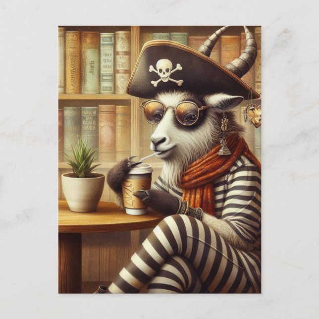 Carte Postale Drôle Chèvre pirate boire du café (Devant)