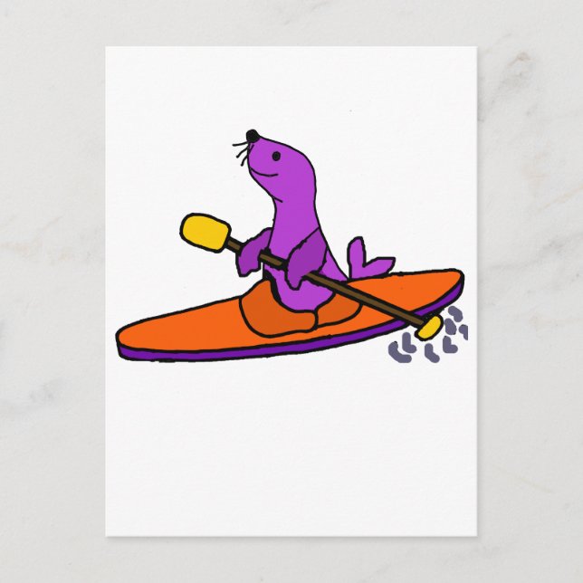 Carte Postale Drôle de phoque violet Kayaking Cartoon (Devant)
