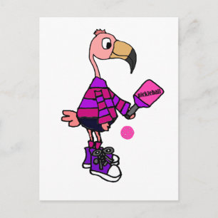Carte Postale Drôle Flamant rose rose Jouer Pickleball Cartoon