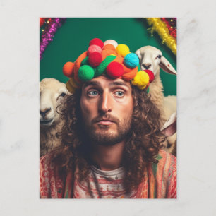Carte Postale Drôle Jésus et Moutons à une fête d'anniversaire c