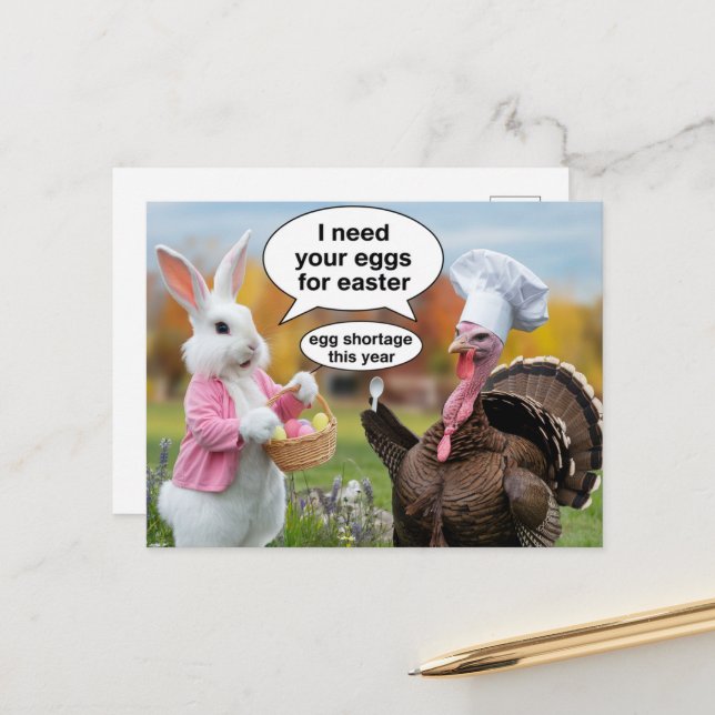 Carte Postale Drôle lapin de Pâques demande Thanksgiving Turquie (Devant/Arrière en situation)