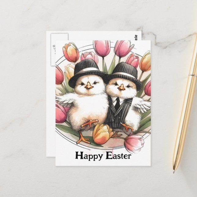 Carte Postale Drôle mignon poussins de Pâques Vintages (Devant/Arrière en situation)