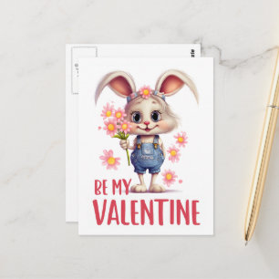 Carte Postale Drôle mignon Valentine Rabbit Fleurs roses