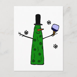 Carte Postale Drôle Pickle Snowman tenant Pickleball Paddle
