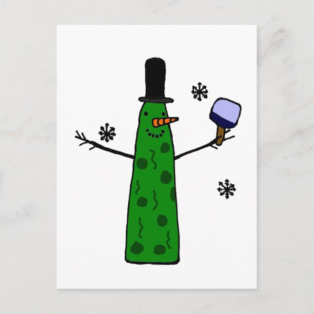 Carte Postale Drôle Pickle Snowman tenant Pickleball Paddle (Devant)
