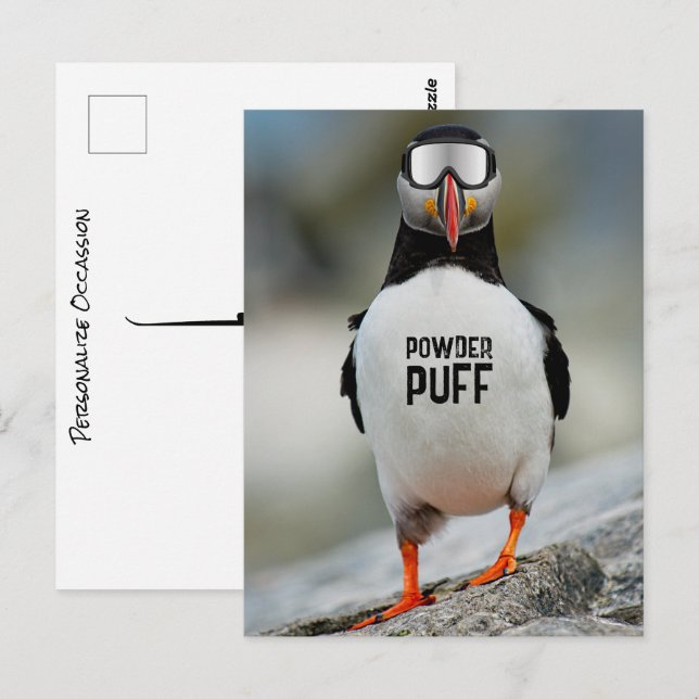 Carte Postale Drôle Puffin Downhill Skiing Powder Puff Ski Trip (Devant / Derrière)