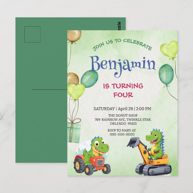 Carte Postale Drôle Rawr T-Rex dinosaure tracteur camion anniver (Devant / Derrière)