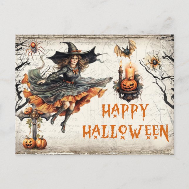 Carte Postale Drôle rétro Halloween éffrayante mauvaise sorcière (Devant)