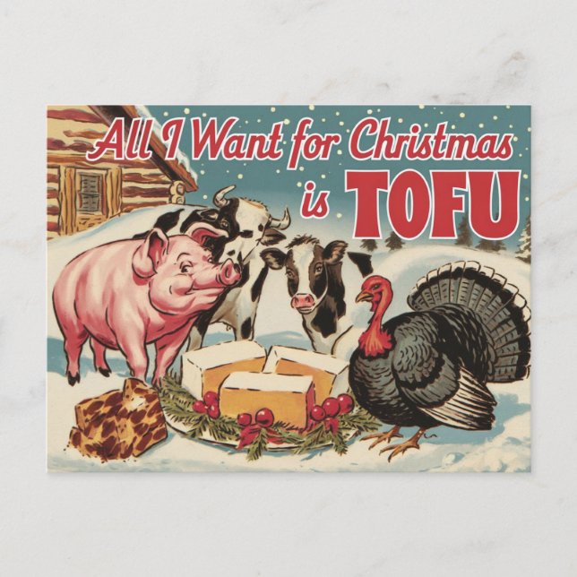 Carte Postale Drôle Vegan Végétarien de Noël Tofu (Devant)