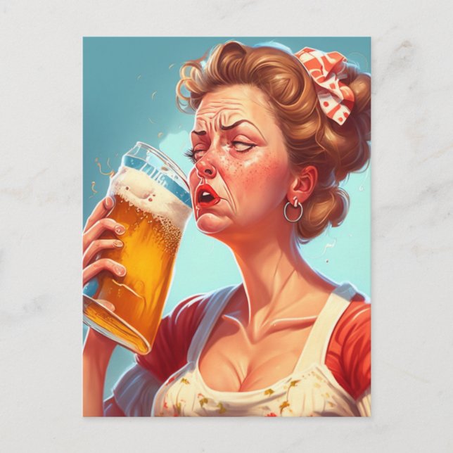 Carte Postale Drôle Vielle Dame à boire une bière (Devant)