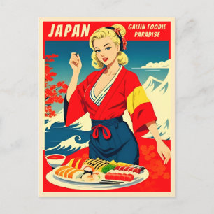 Carte Postale Drôle Vintage voyage rétro Japon Sushi Humour
