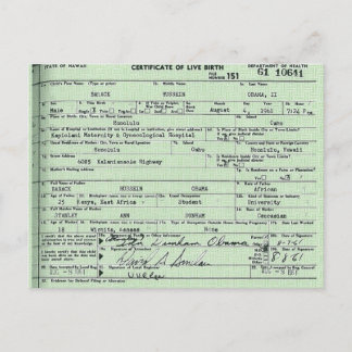 Carte postale du certificat de naissance d'Obama