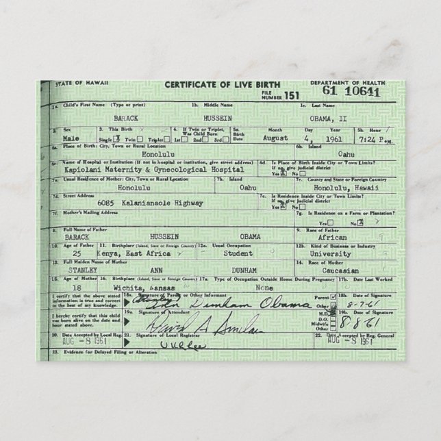 Carte postale du certificat de naissance d'Obama (Devant)