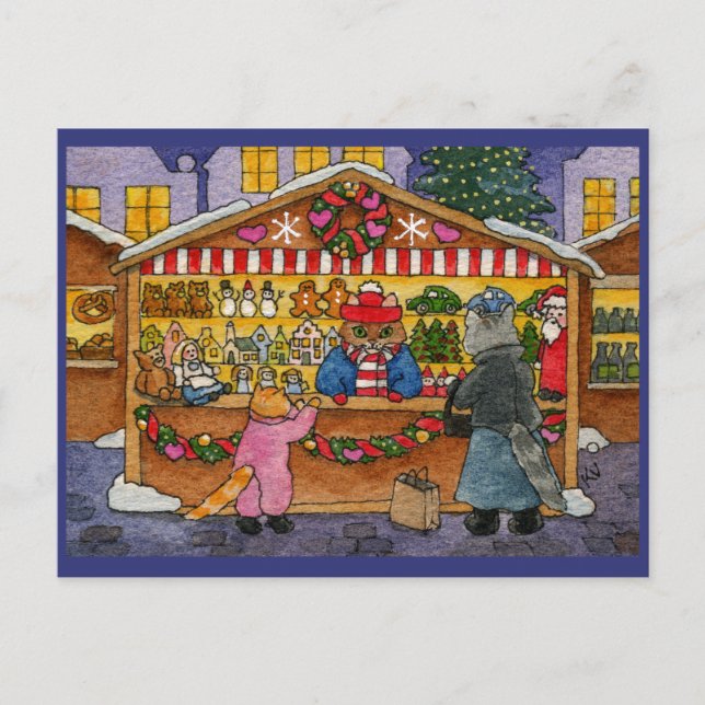 Carte postale du marché de jouets de Noël Cute Cat (Devant)