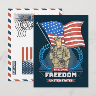 Carte postale du soldat patriotique tenant le drap