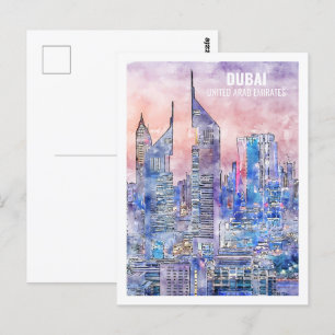Carte Postale Dubaï EAU Fameux Travel Place Aquarelle