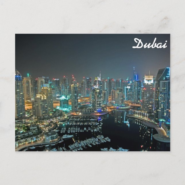 Carte Postale Dubaï, Skyline des Emirats Arabes Unis la nuit (Devant)