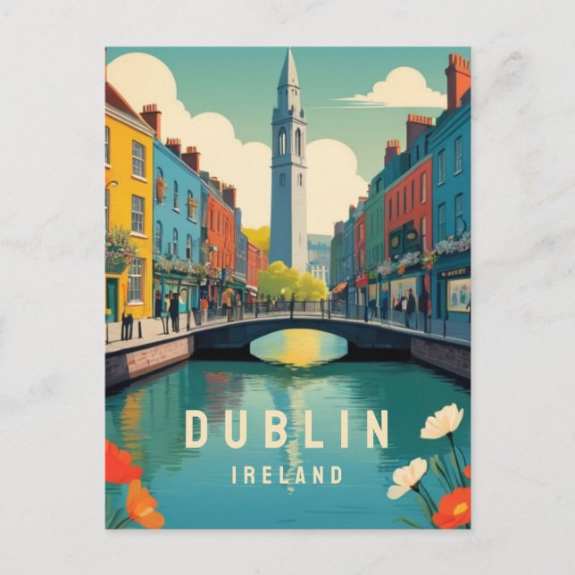 Carte Postale Dublin Irlande Retro Travel Art Floral Tower River (Devant)