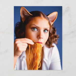 Carte postale d'un chat humain mangeant des spaghe