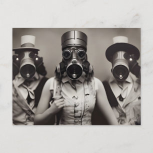 Carte postale d'une femme avec un masque à gaz