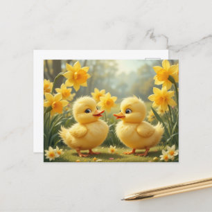 Carte Postale Duo De Canards Ensoleillés Parmi Les Daffodiques