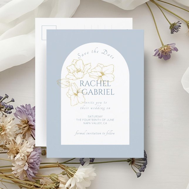 Carte Postale Dusty Blue | Boho Arch Gold Floral Mariage (Créateur téléchargé)