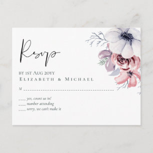 Carte Postale Dusty Blue Coral Floral Script Mariage RSVP Budget