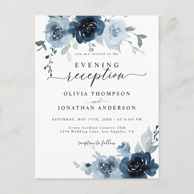 Carte Postale Dusty Blue Dark Navy Floral Faire-part de mariage (Devant)
